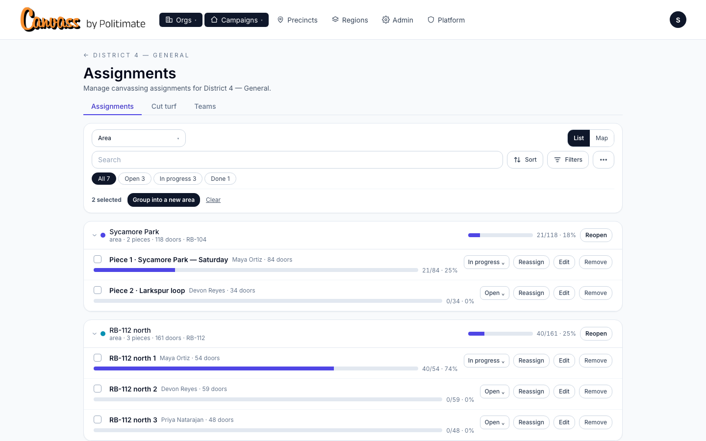 The manage view grouped by area: each area with its pieces, a Reopen button on the header, and two ticked rows with Group into a new area