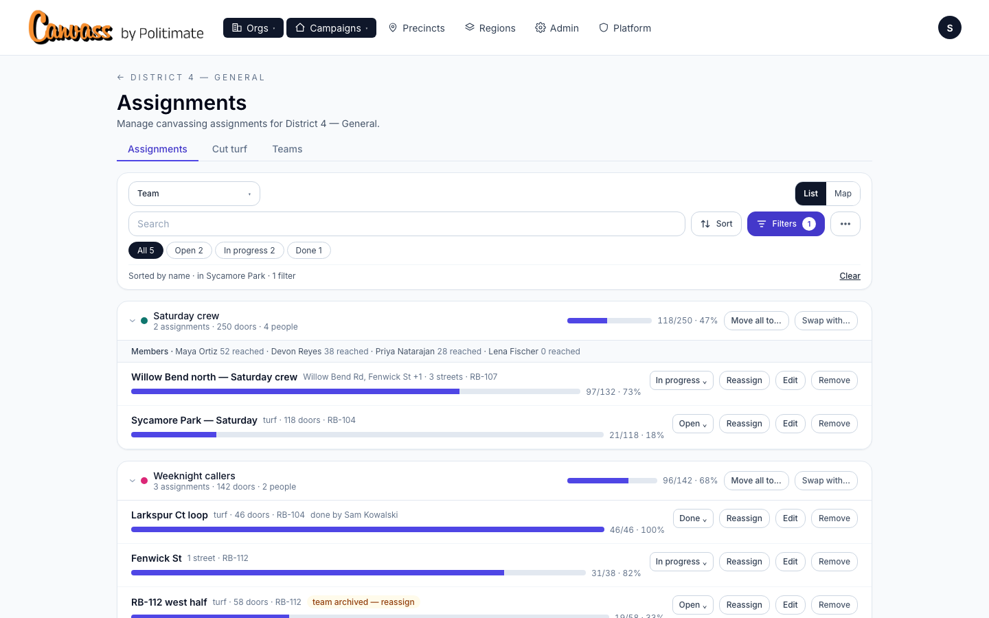 The manage view grouped by team: the Group by control, List and Map, the count chips, and each row with Reassign, Edit and Remove